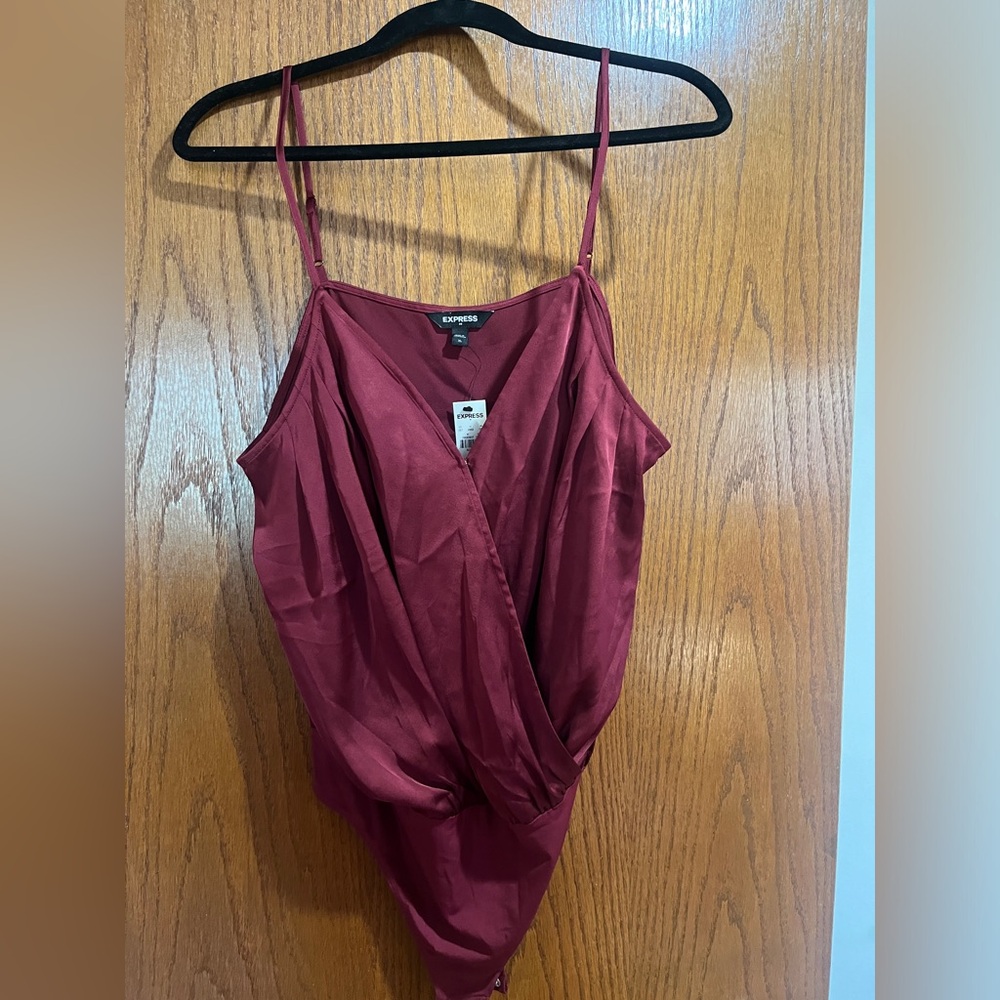 Express Women's Satin Burgundy Wrap Style Bodysuit (thong) NWT!